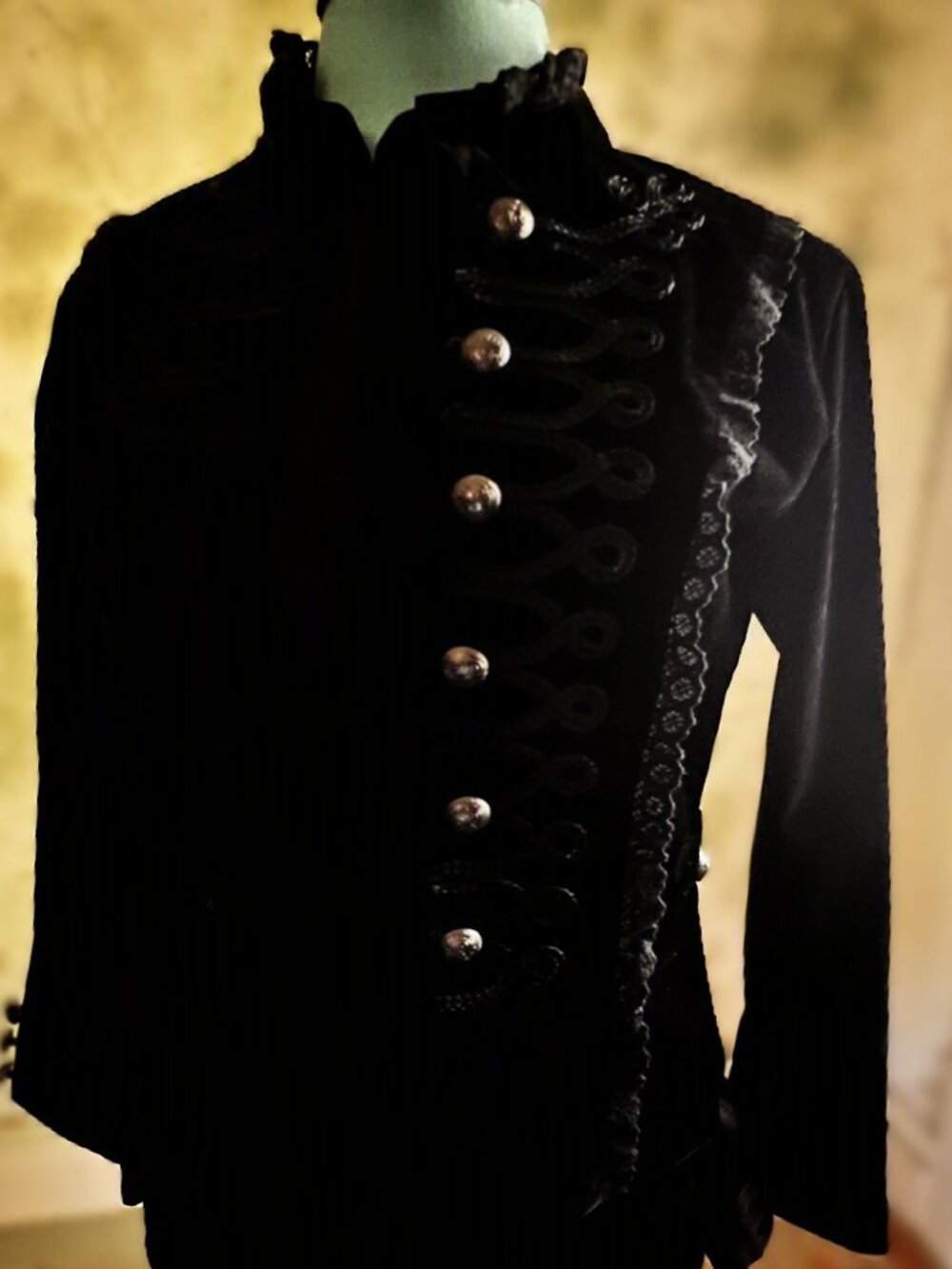 Black Velvet Military Jacket with Braided Trim & Silver Buttons - Picture 4 of 9